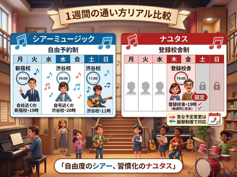1週間の「通い方」比較カレンダー