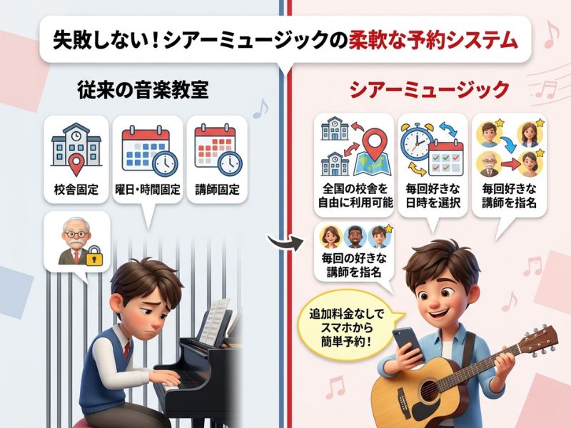 従来の音楽教室とシアーミュージックのシステム比較図